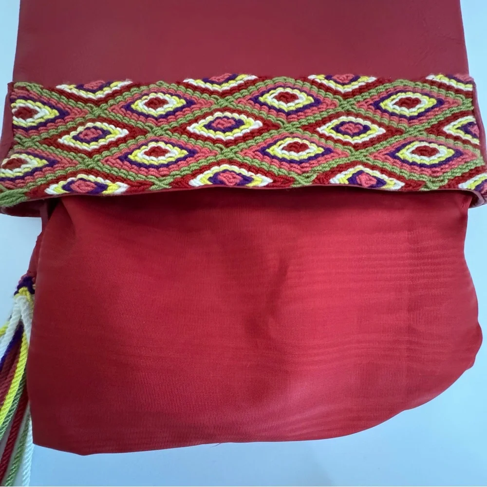 Fiori Coleccion Red Genuine Leather Embroidered Tassel Clutch Bag NWOT 10x7 Boho